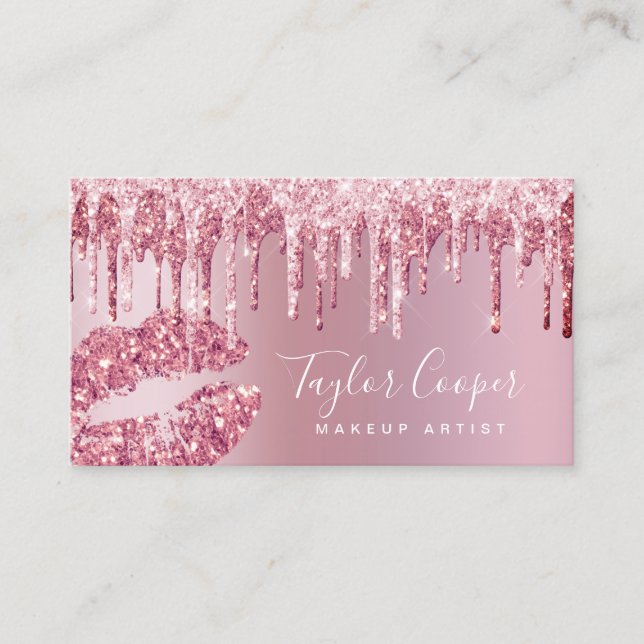 Modern rose gold glitter lips makeup artist  business card (Front)
