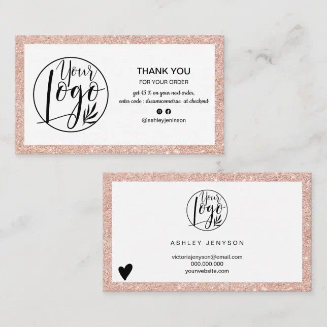 Modern rose gold glitter logo order thank you business card | Zazzle