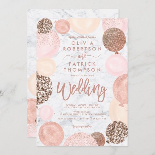 Modern rose gold glitter marble balloons wedding invitation