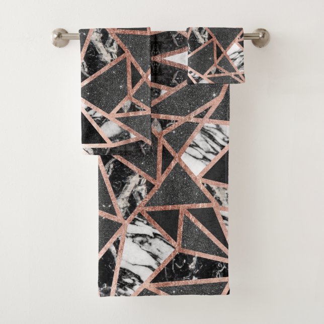 Modern Rose Gold Glitter Marble Geometric Triangle Bath Towel Set (Insitu)