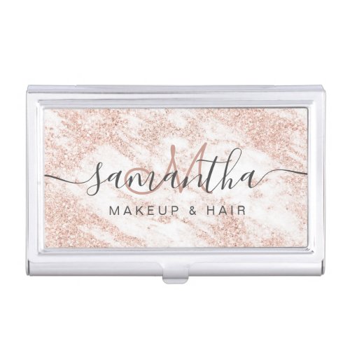 Modern rose gold glitter marble makeup hair business card case