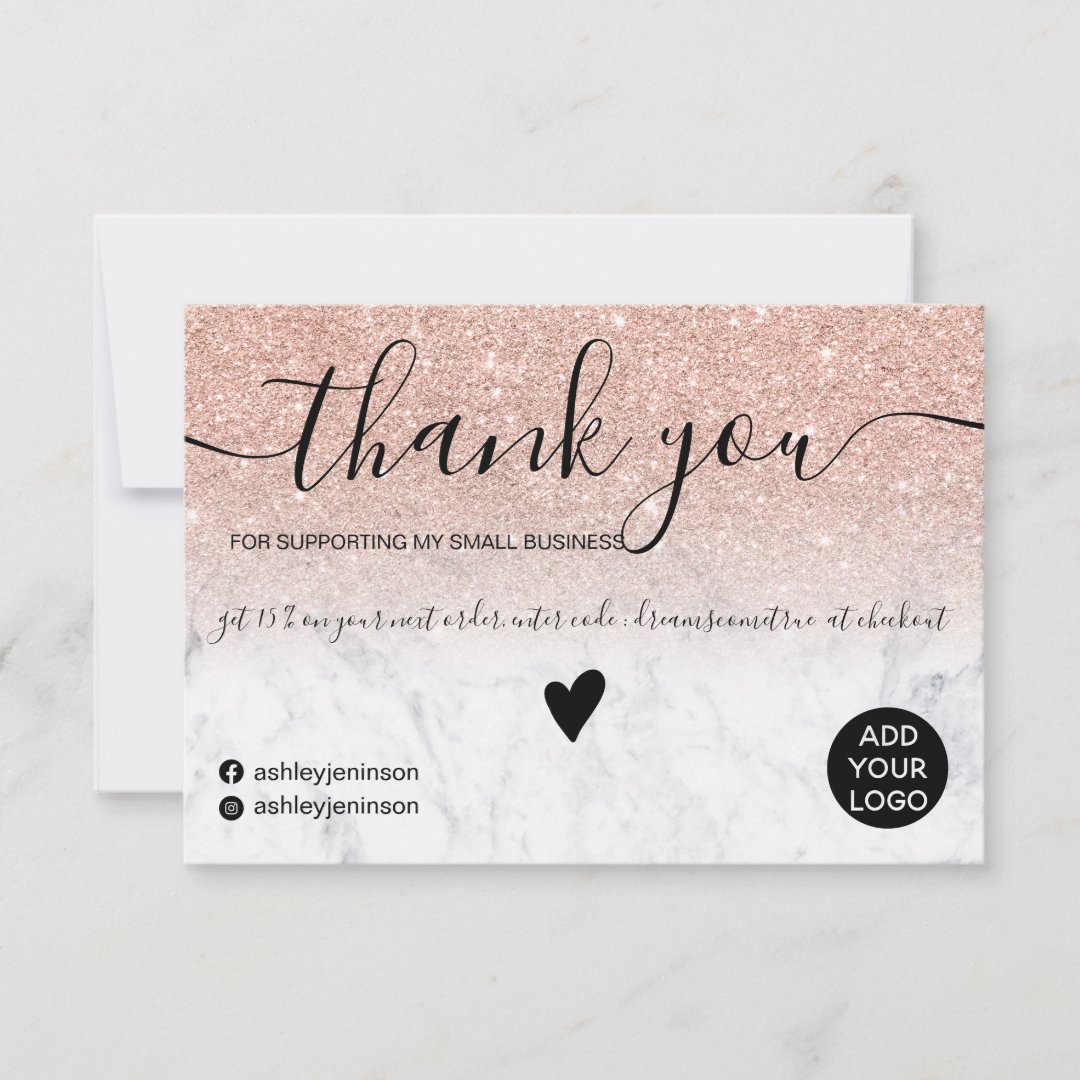 Modern rose gold glitter marble order thank you | Zazzle