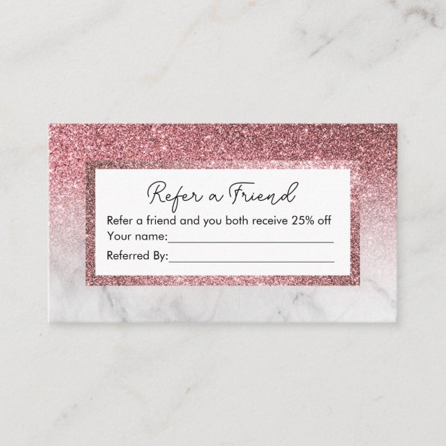 Modern rose gold glitter marble referral card (Front)
