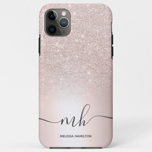 Modern rose gold glitter metallic monogrammed iPhone 11 pro max case