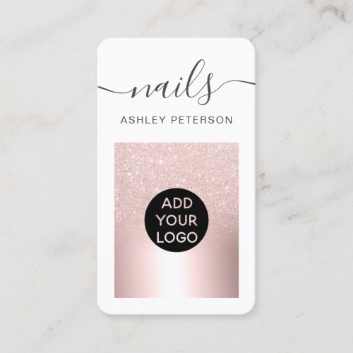 Modern rose gold glitter metallic nails script business card