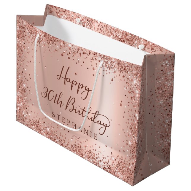 Modern Rose Gold Glitter Monogram 30th Birthday Large Gift Bag (Front Angled)