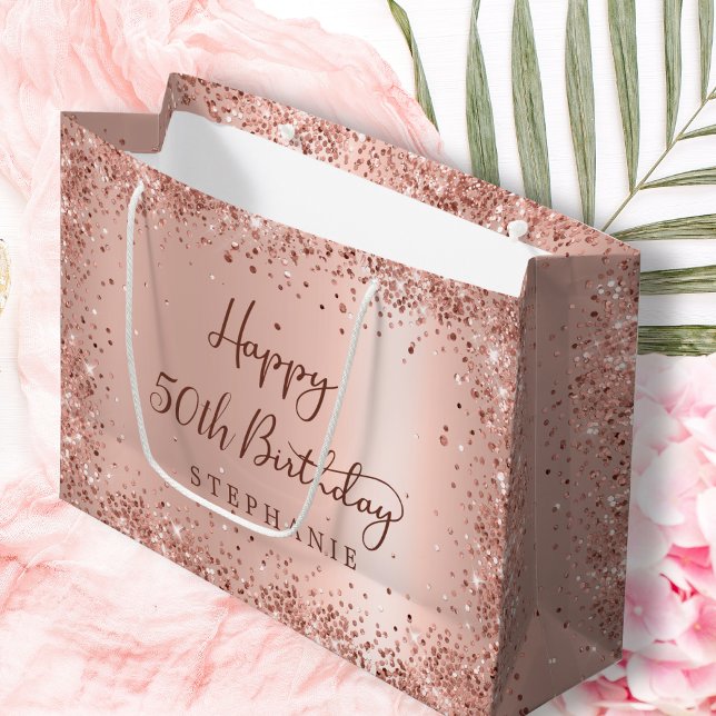 Modern Rose Gold Glitter Monogram 50th Birthday Large Gift Bag (Creator Uploaded)