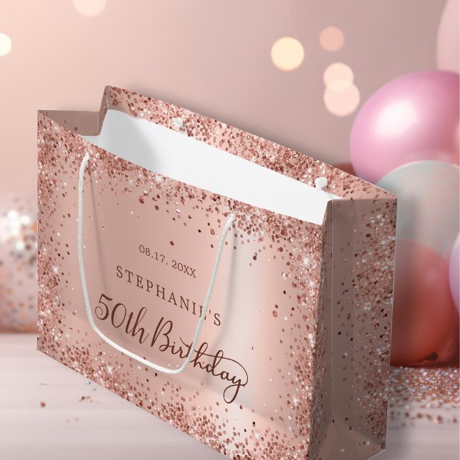 Modern Rose Gold Glitter Monogram 50th Birthday Large Gift Bag (Creator Uploaded)
