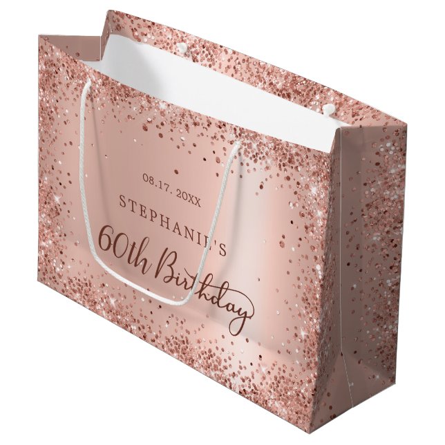 Modern Rose Gold Glitter Monogram 60th Birthday Large Gift Bag (Front Angled)