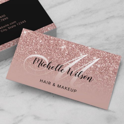 Modern Rose Gold Glitter Monogram Beauty Salon Business Card