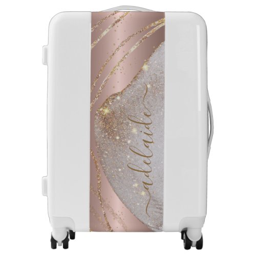 Modern Rose Gold Glitter Monogram Chic Script Name Luggage