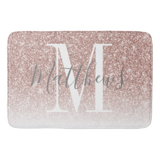 Modern Rose Gold Glitter Monogram Family Name Bath Mat