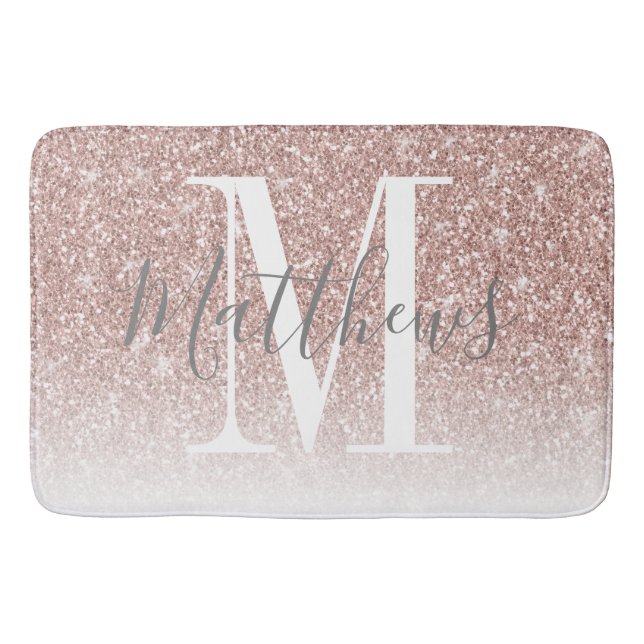Modern Rose Gold Glitter Monogram Family Name Bath Mat (Front)