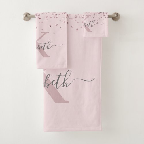 Modern Rose Gold Glitter Monogram Name Blush  Bath Towel Set