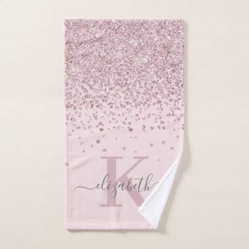 Modern Rose Gold Glitter Monogram Name Blush  Hand Towel