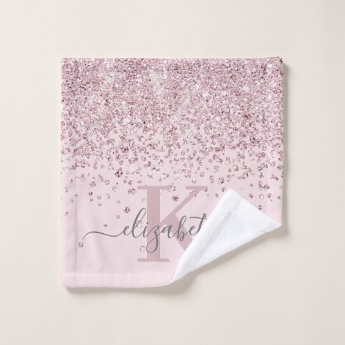 Modern Rose Gold Glitter Monogram Name Blush  Wash Cloth