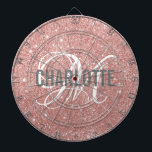 Modern rose gold glitter monogram name dart board<br><div class="desc">Modern rose gold glitter dart board with a white typography name and gray monogram. Personalize with name and initial.</div>