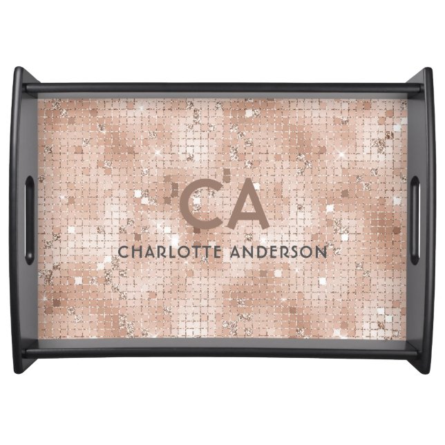 Modern Rose Gold Glitter Monogram Name Serving Tray (Front)