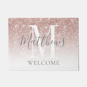 Modern Rose Gold Glitter Monogram Newlywed Wedding Doormat
