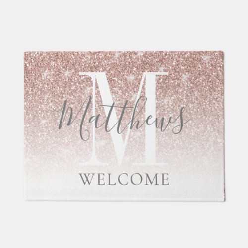 Modern Rose Gold Glitter Monogram Newlywed Wedding Doormat