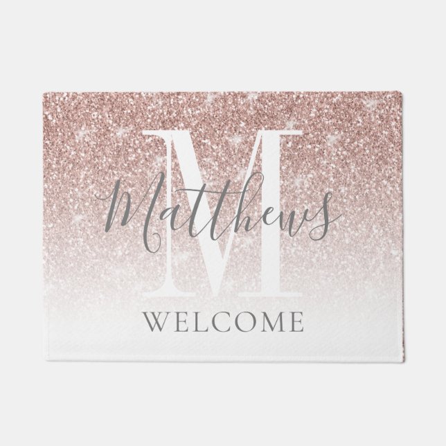 Modern Rose Gold Glitter Monogram Newlywed Wedding Doormat (Front)