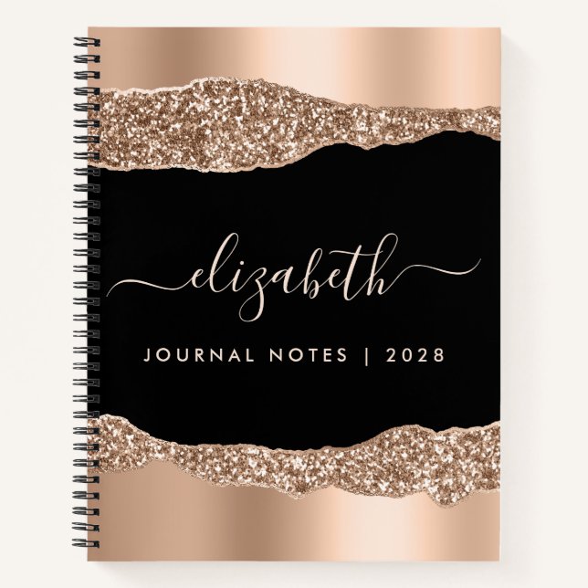 Modern Rose Gold Glitter Monogrammed Black Notebook (Front)
