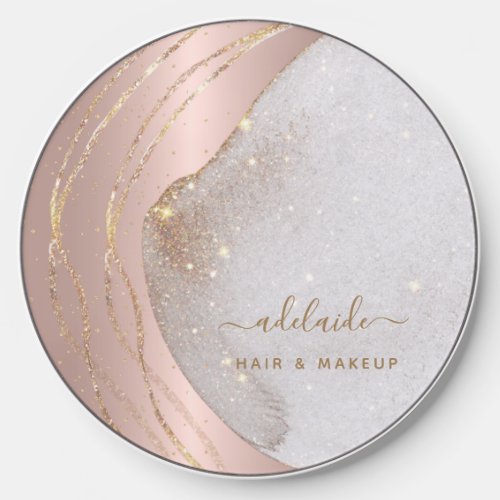 Modern Rose Gold Glitter Monogrammed Script Name Wireless Charger