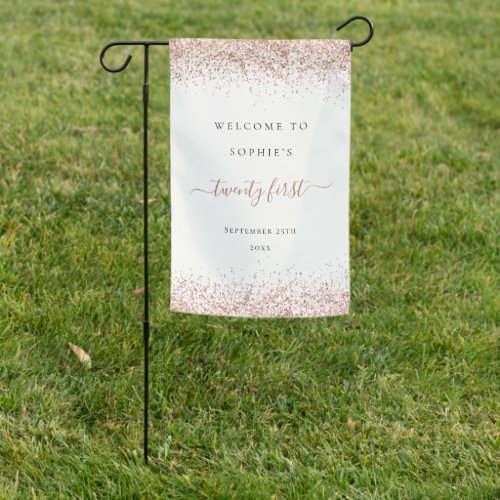 Modern Rose Gold Glitter Name Photo Welcome 21st  Garden Flag