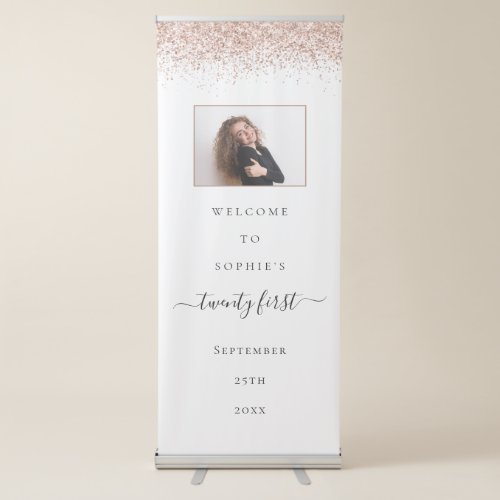 Modern Rose Gold Glitter Name Photo Welcome 21st Retractable Banner