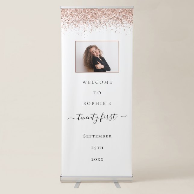 Modern Rose Gold Glitter Name Photo Welcome 21st Retractable Banner (Front)