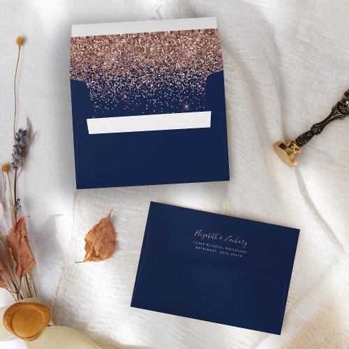 Modern Rose Gold Glitter Navy Blue Wedding Envelope