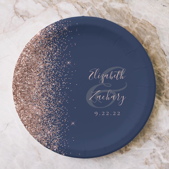 Modern Rose Gold Glitter Navy Blue Wedding Paper Plates (Creator Uploaded)