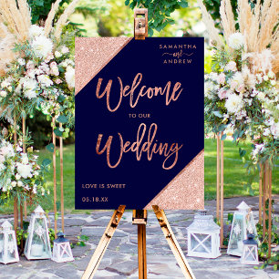 Modern rose gold glitter navy blue welcome wedding foam board