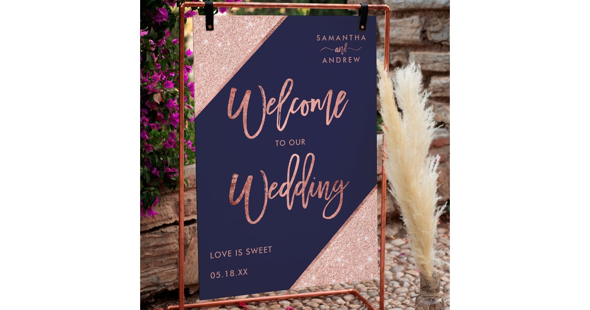 Modern rose gold glitter navy blue welcome wedding poster | Zazzle