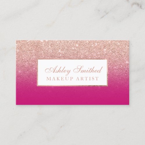 Modern rose gold glitter neon pink ombre makeup business card