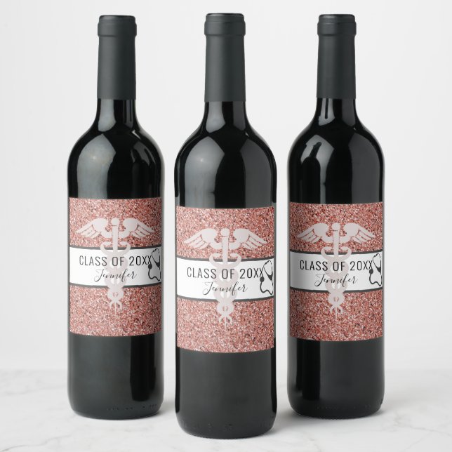 Modern Rose Gold Glitter Nurse Graduation Custom Wine Label (Bottles)