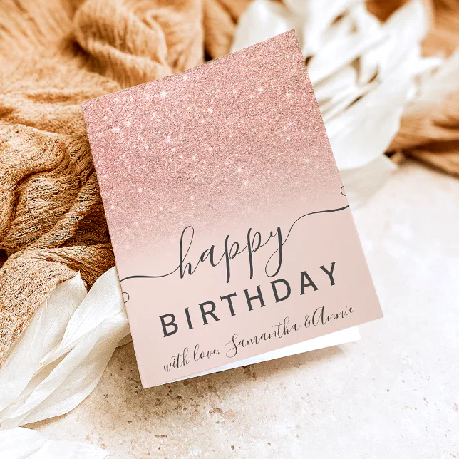 Modern rose gold glitter ombre 2 photo birthday card | Zazzle