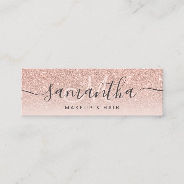 Modern rose gold glitter ombre blush makeup hair 3 mini business card (Front)