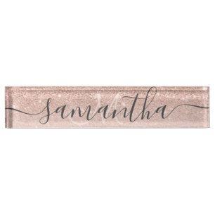 Modern rose gold glitter ombre blush monogram desk name plate