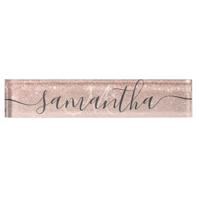 Modern rose gold glitter ombre blush monogram desk name plate (Front)