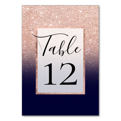 Modern rose gold glitter ombre gradient navy blue table number