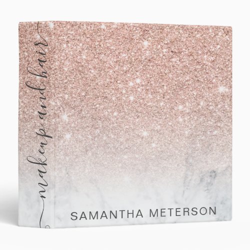 Modern rose gold glitter ombre marble makeup hair 3 ring binder