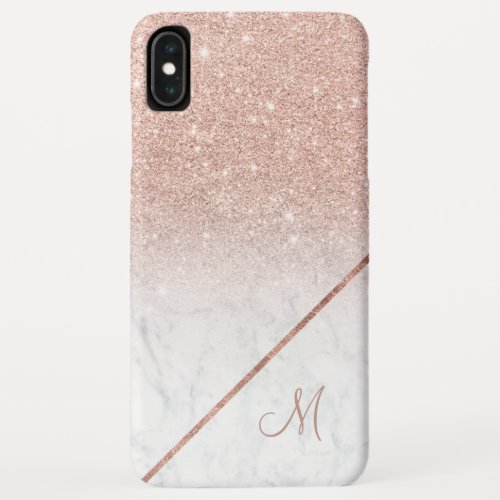 Modern rose gold glitter ombre marble monogram iPhone XS max case