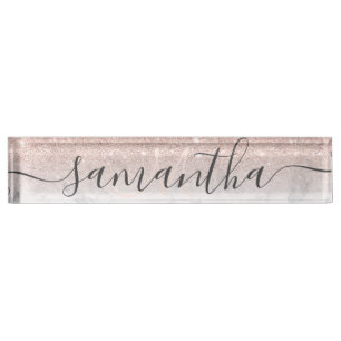 Modern rose gold glitter ombre marble monogram desk name plate