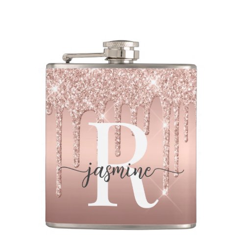 Modern Rose Gold Glitter Ombre Metal Monogram  Flask