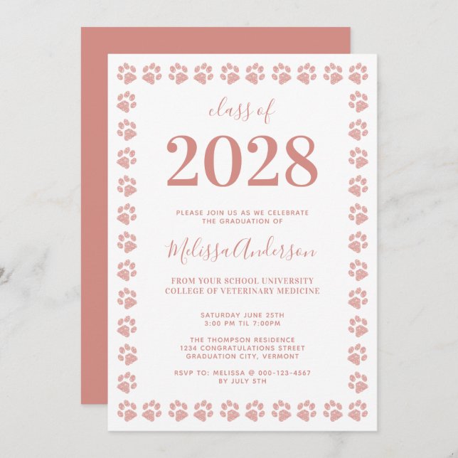 Modern Rose Gold Glitter Paw Prints Graduation Invitation (Front/Back)