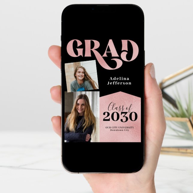 Modern rose gold glitter photo collage graduation announcement (Front Digital)