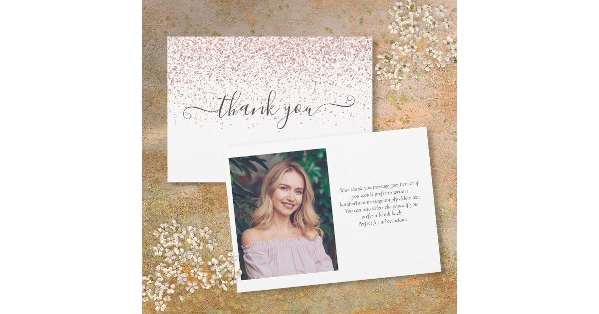 Modern Rose Gold Glitter Photo Script Thank You Card | Zazzle