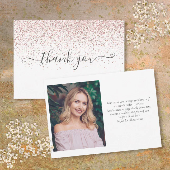 Modern Rose Gold Glitter Photo Script Thank You Card | Zazzle