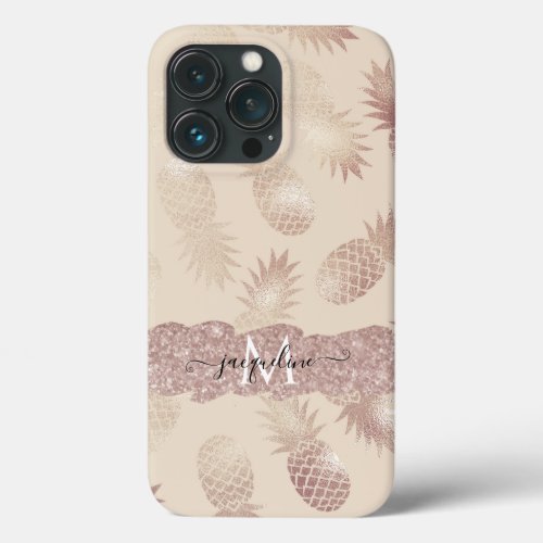 Modern Rose Gold Glitter Pineapple Tropical Beach iPhone 13 Pro Case